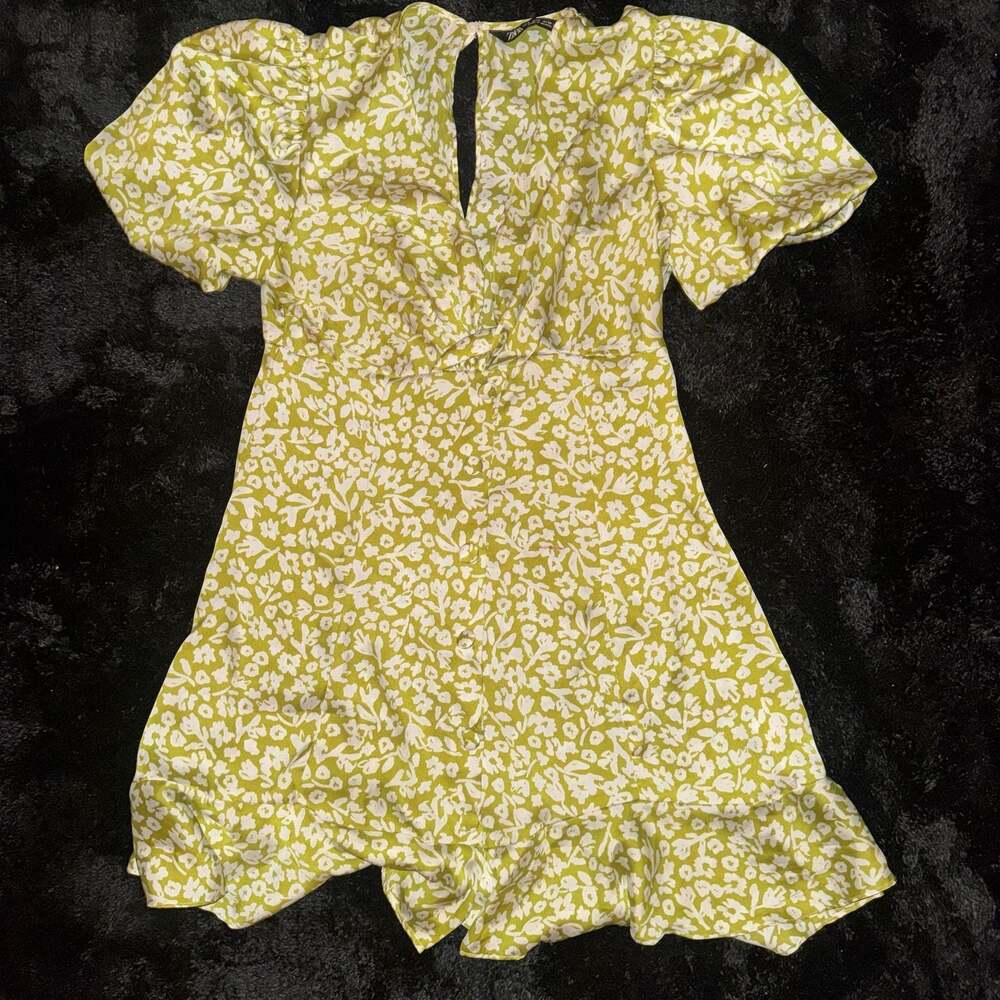 Zara Green Floral Ruffle Dress XS Puff Sleeve Cottagecore Mini Dress